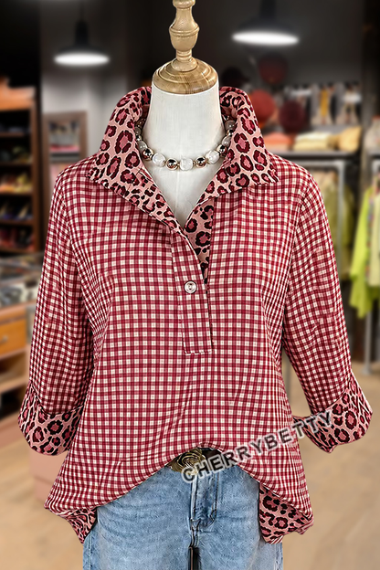 Classic Gingham Pattern Leopard  Collar Three Quater Sleeve Blouse