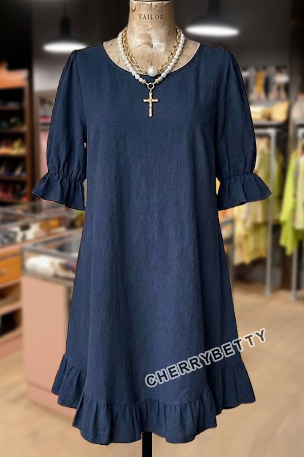 Solid Round Neck Ruffle Hem Linen Dress