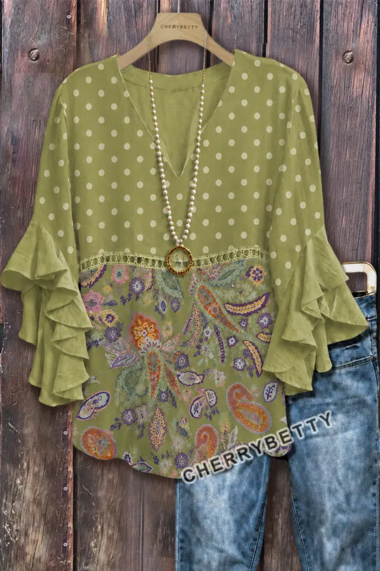Retro Paisley Polka Dot Print Ruffle Sleeve Top