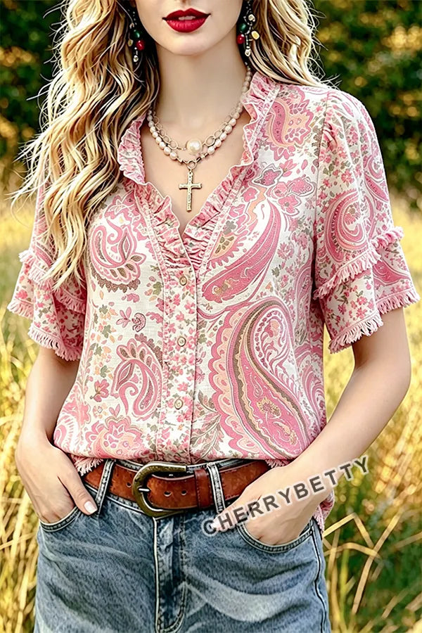 Retro Paisley Print Ruffle Neck Frayed Hem Top
