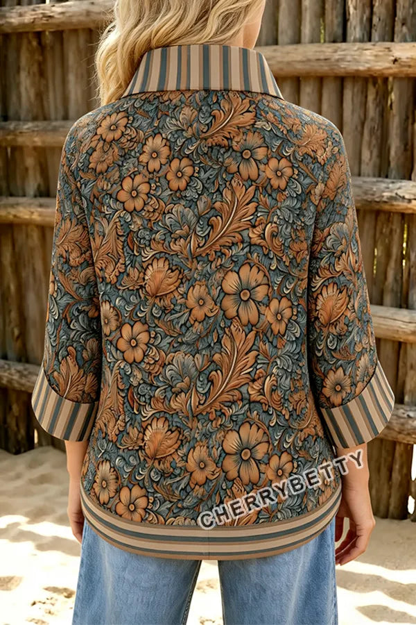 Vintage Floral Print Striped Collar Three Quater Sleeve Blouse