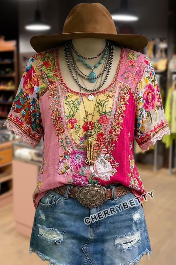 Retro Floral Embroidered Short Sleeve Cotton Top