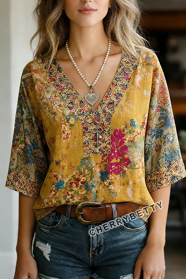 Vintage Mix Floral Print V-Neck Top