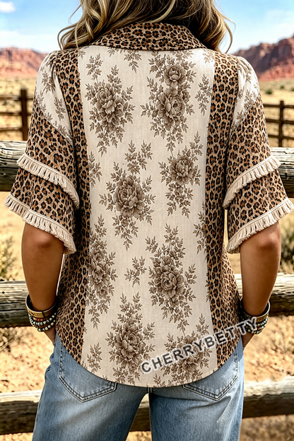 Retro Leopard Flower Print Collared Fringe Trim Top