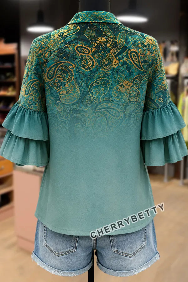 Gradient Paisley Print Layered Ruffle Sleeve Blouse