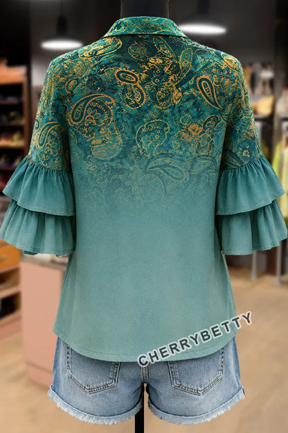 Gradient Paisley Print Layered Ruffle Sleeve Blouse