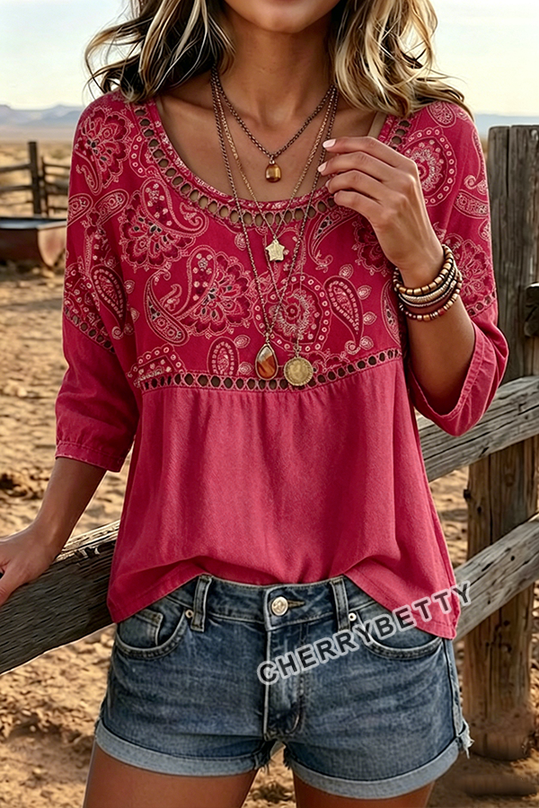 Vintage Paisley Floral Print  Hollow Out Cotton Top