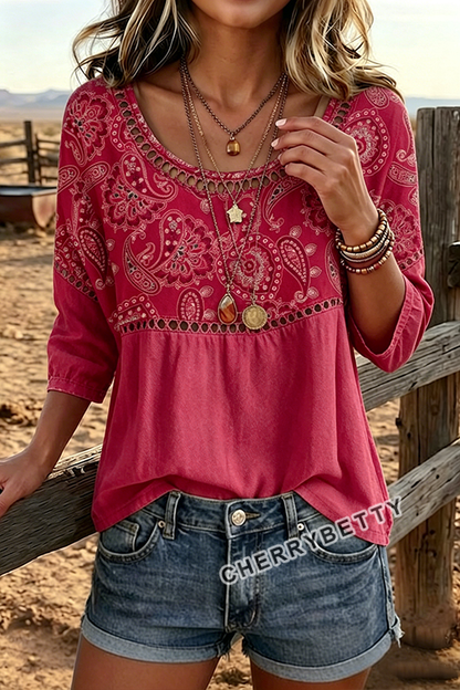 Vintage Paisley Floral Print  Hollow Out Cotton Top