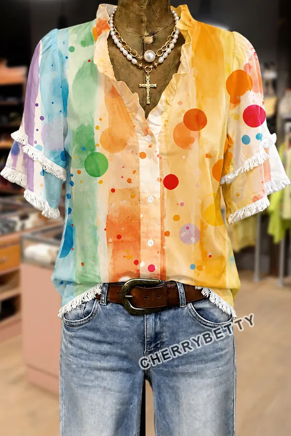 Colorful Polka Dot Print Ruffle Neck Frayed Hem Top