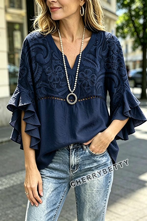 Vintage Floral Print Hollow Out Ruffle Sleeve Top