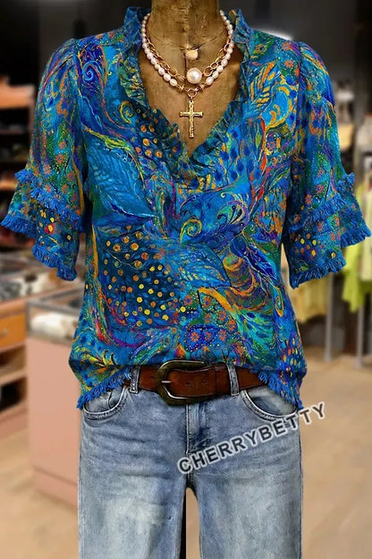 Vintage Paisley Print Collared Puff Sleeve Blouse