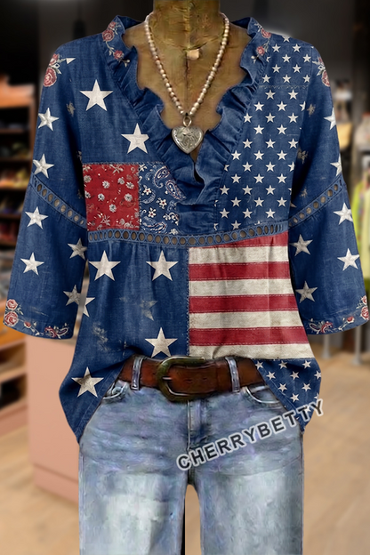 American Flag Print V-Neck Hollow Out Top