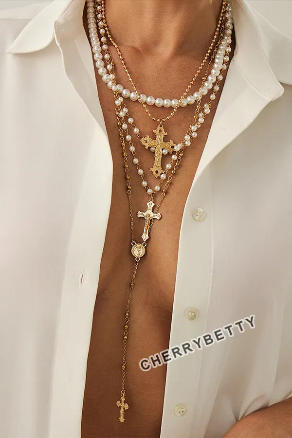 Women's Pearl Cross Pendant Layered Necklace