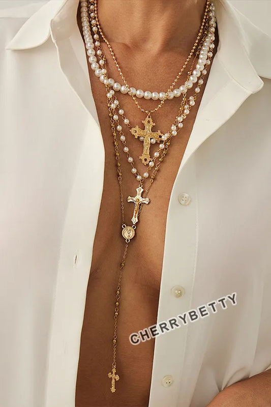 Women's Pearl Cross Pendant Layered Necklace