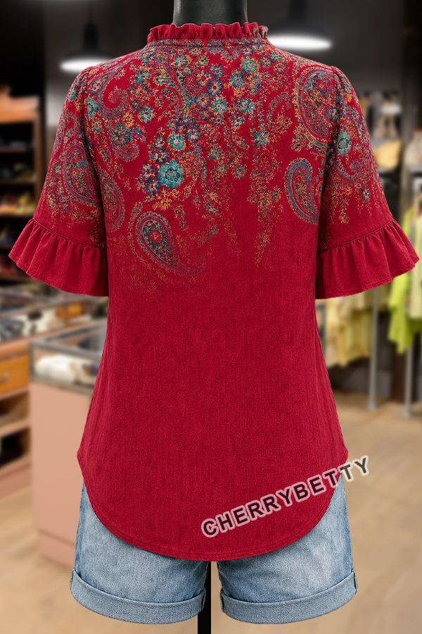Gradient Paisley Print V-Neck Ruffle Sleeve Blouse