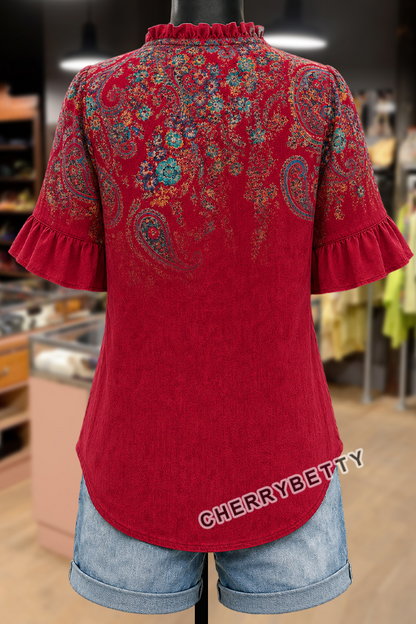 Gradient Paisley Print V-Neck Ruffle Sleeve Blouse