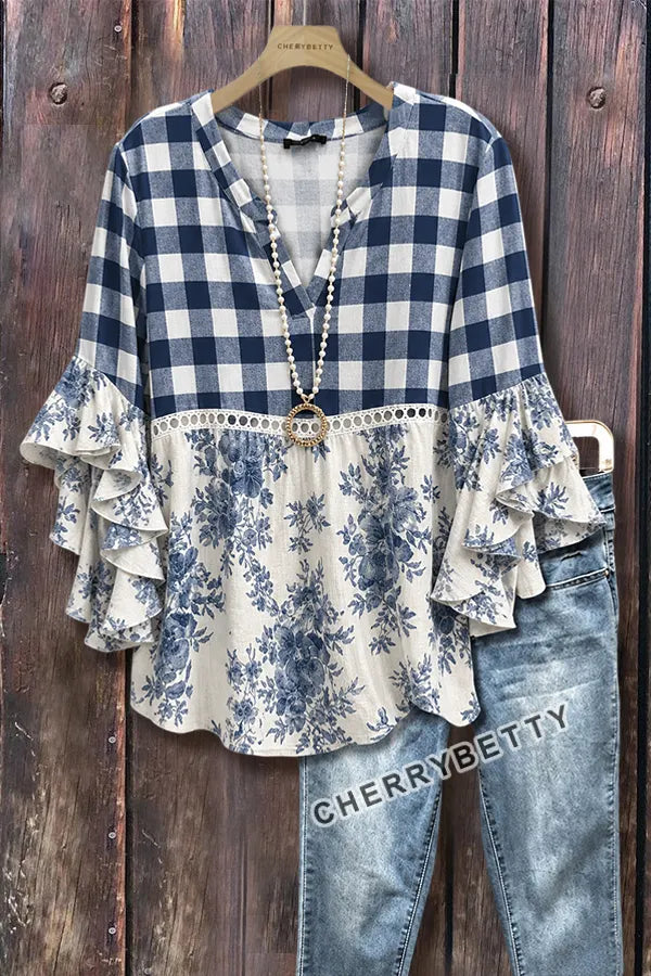 Mixed Plaid Floral Print Hollow Out Ruffle Sleeve Top