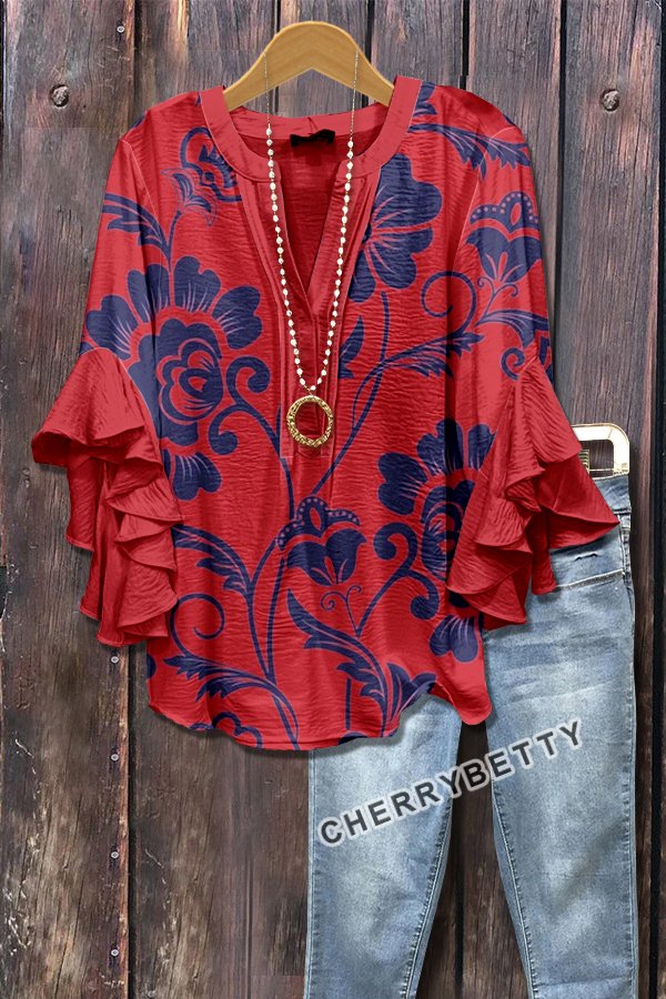 Retro Floral Print Layered Ruffle Sleeve Top