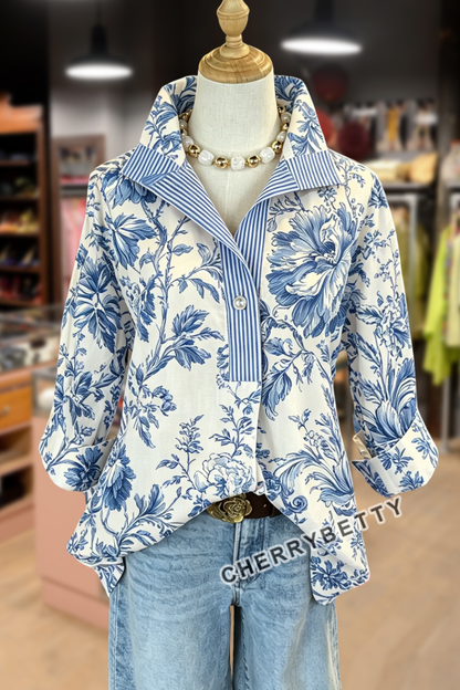 Vintage Floral Print Striped Neck Three Quater Sleeve Blouse