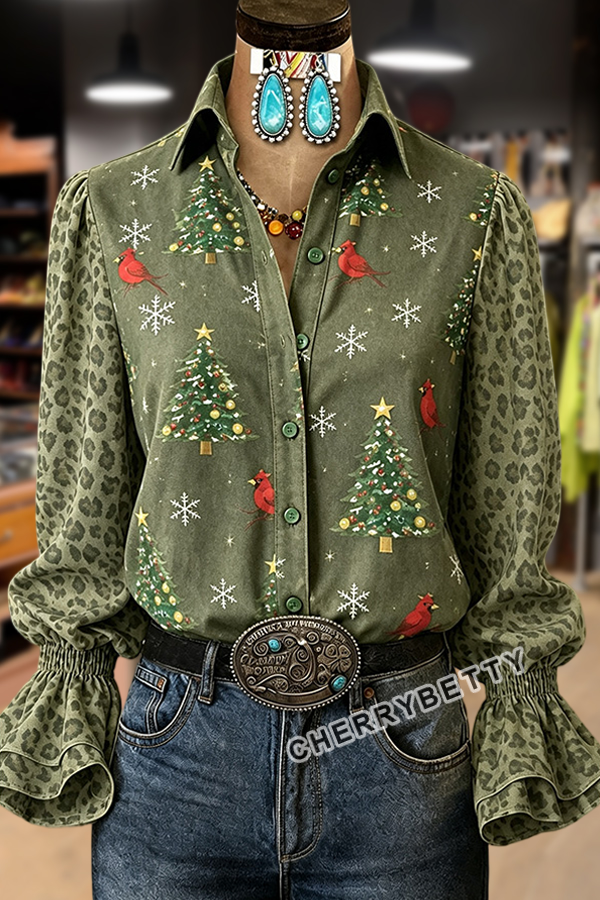 Christmas Tree Print Leopard Bell Sleeve Blouse