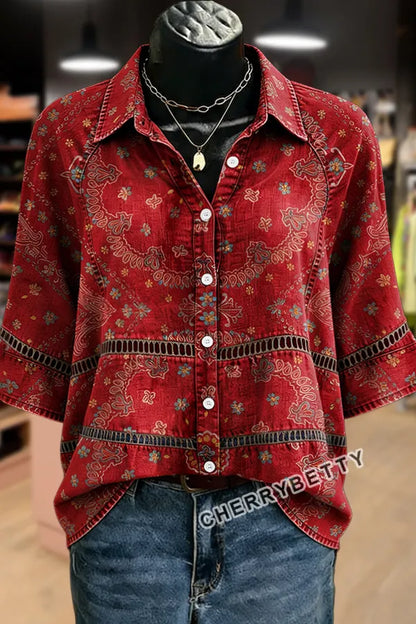 Vintage Floral Print Hollow Out Collared Top
