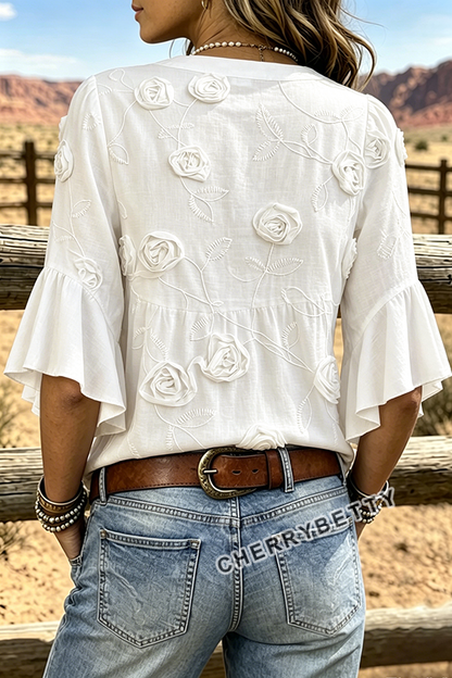 Vintage Rose Embroidered Notch Neck Ruffle Sleeve Blouse