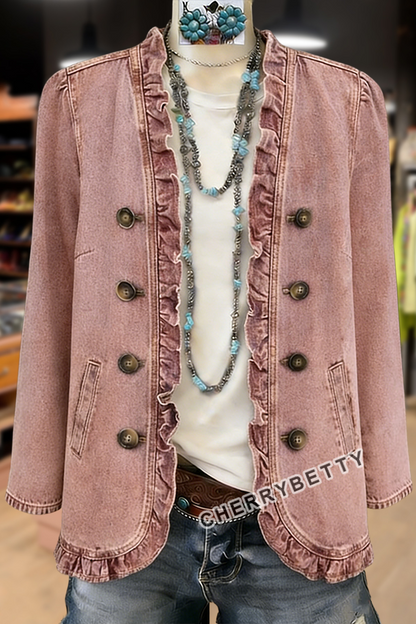 Solid Ruffle Trim Denim Jacket