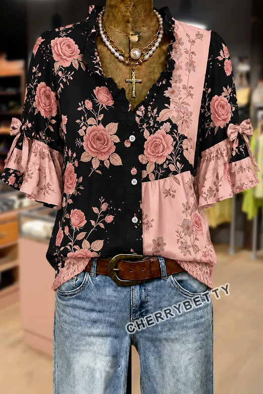 Mixed Floral Print Ruffle Neck Bow Decor Half Sleeve Blouse