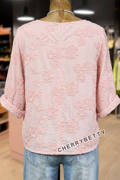 Vintage Floral Embroidered Notch Neck Half Sleeve Cotton Blouse