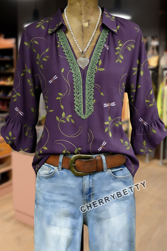 Vintage Floral Print Embroidered V-Neck Half Sleeve Blouse