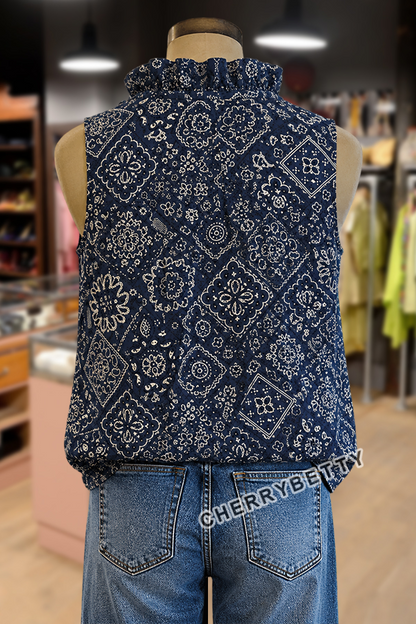 Bohemian Paisley Print Ruffle Neck Sleeveless Tank Top