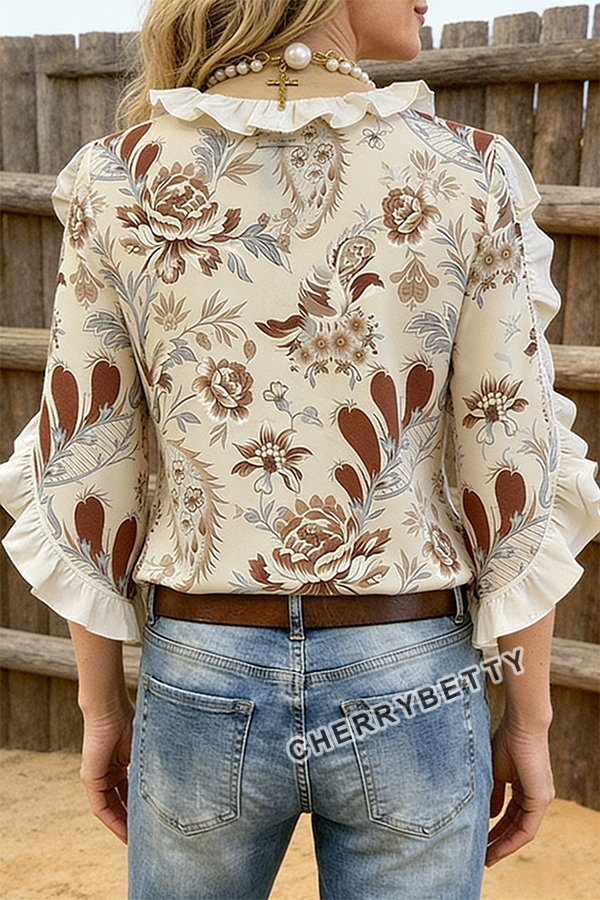 Vintage Floral Print Ruffle Collar Blouse