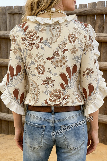 Vintage Floral Print Ruffle Collar Blouse