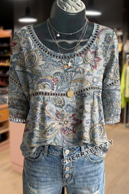 Vintage Floral Print Hollow Out Top