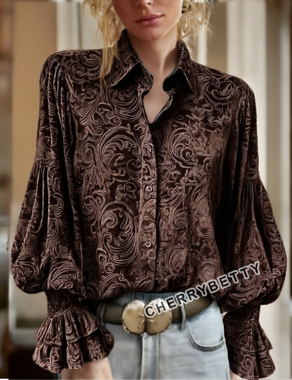Vintage Floral Print Lantern Sleeve Velvet Top