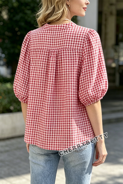 Classic Gingham V-Neck Bubble Sleeve Cotton Top