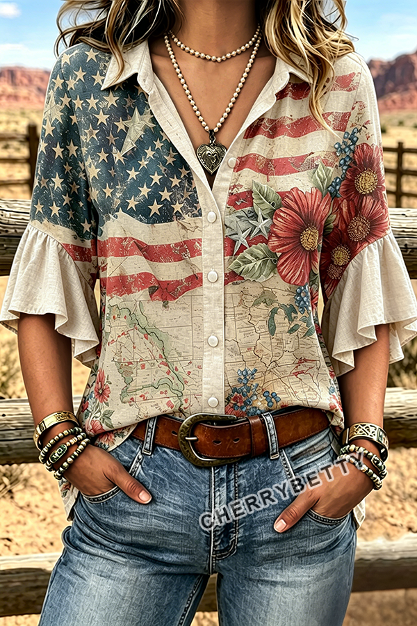 American Flag Floral Print Ruffle Sleeve Top