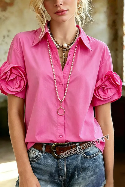 Solid Collared Short Sleeve  Rose Floral Cuff Blouse
