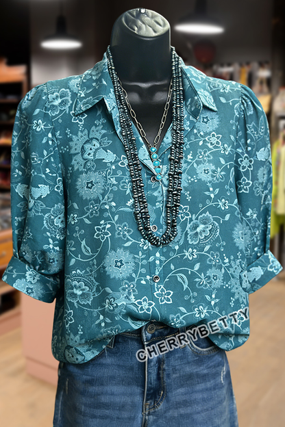 Vintage Floral Print Collared Puff Sleeve Blouse