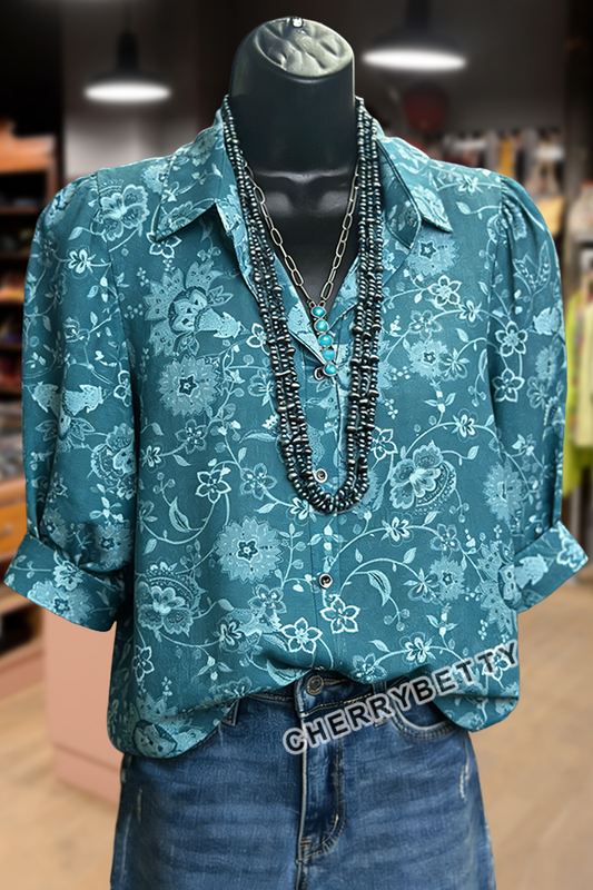 Vintage Floral Print Collared Puff Sleeve Blouse