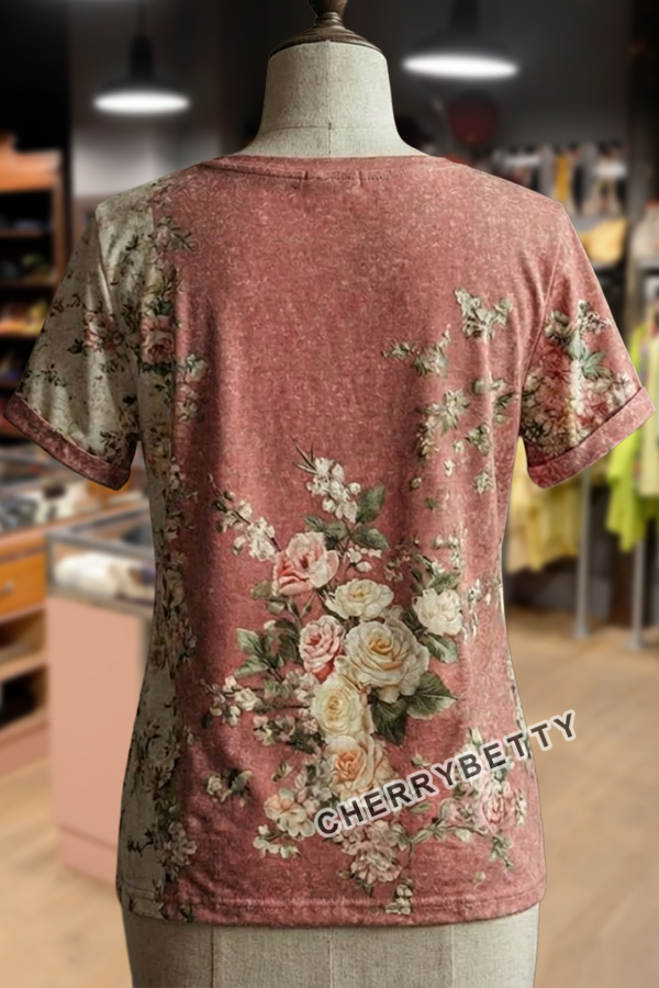 Vintage Floral Print Lace Patch T-Shirt