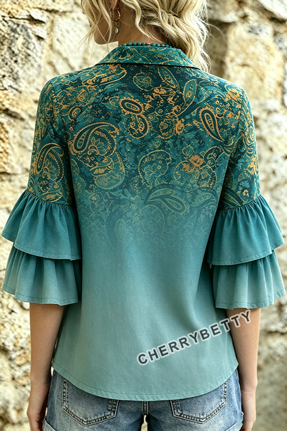 Gradient Paisley Print Layered Ruffle Sleeve Blouse