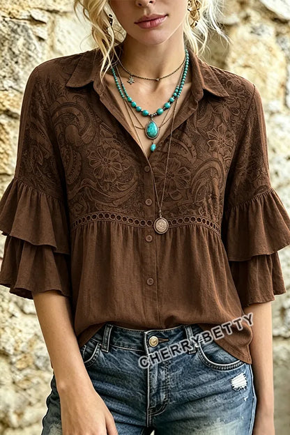 Gradient Paisley Print Layered Ruffle Sleeve Hollow Out Blouse