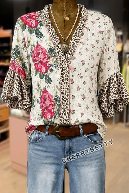Mixed Floral Print Ruffle Neck  Ruffle Sleeve Cotton Top