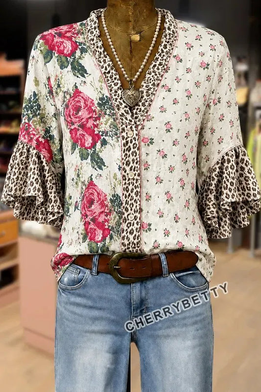 Mixed Floral Print Ruffle Neck  Ruffle Sleeve Cotton Top