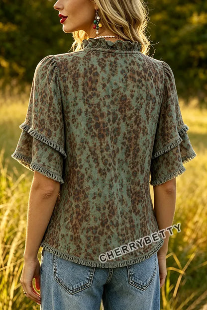 Retro Leopard Print Ruffle Neck Frayed Hem Top