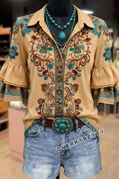 Retro Floral Print Collared Ruffle Sleeve Top