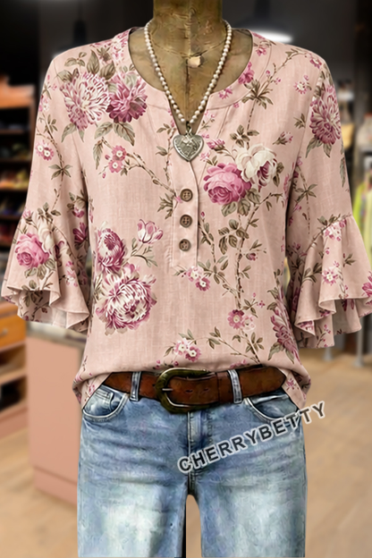 Vintage Floral Print Notch Neck Ruffle Sleeve Blouse
