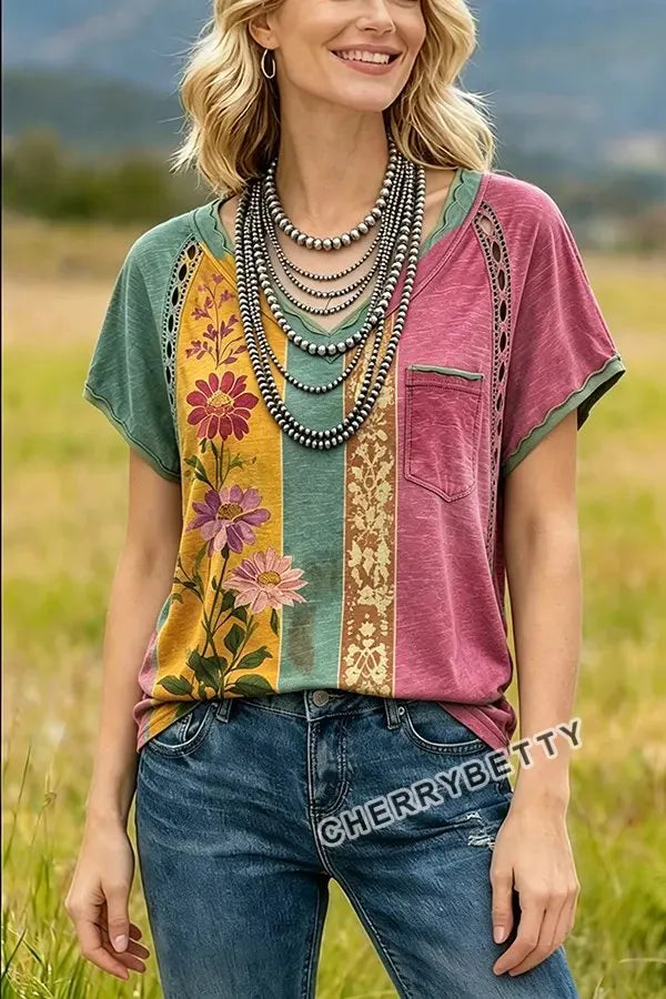 Retro Floral Print V-Neck Lace Sleeve Hollow Out T-Shirt