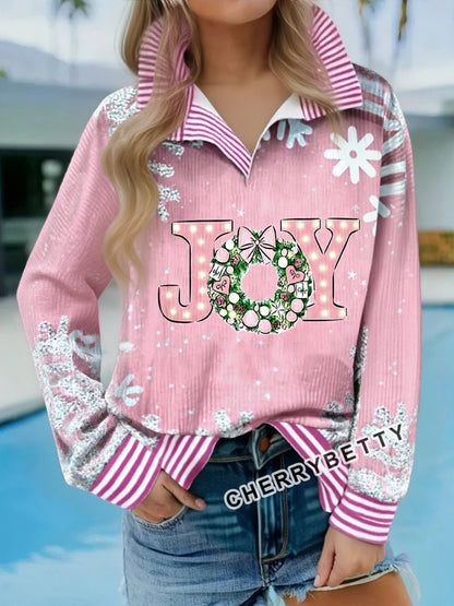 Christmas Joy Print Striped Collar Corduroy Top